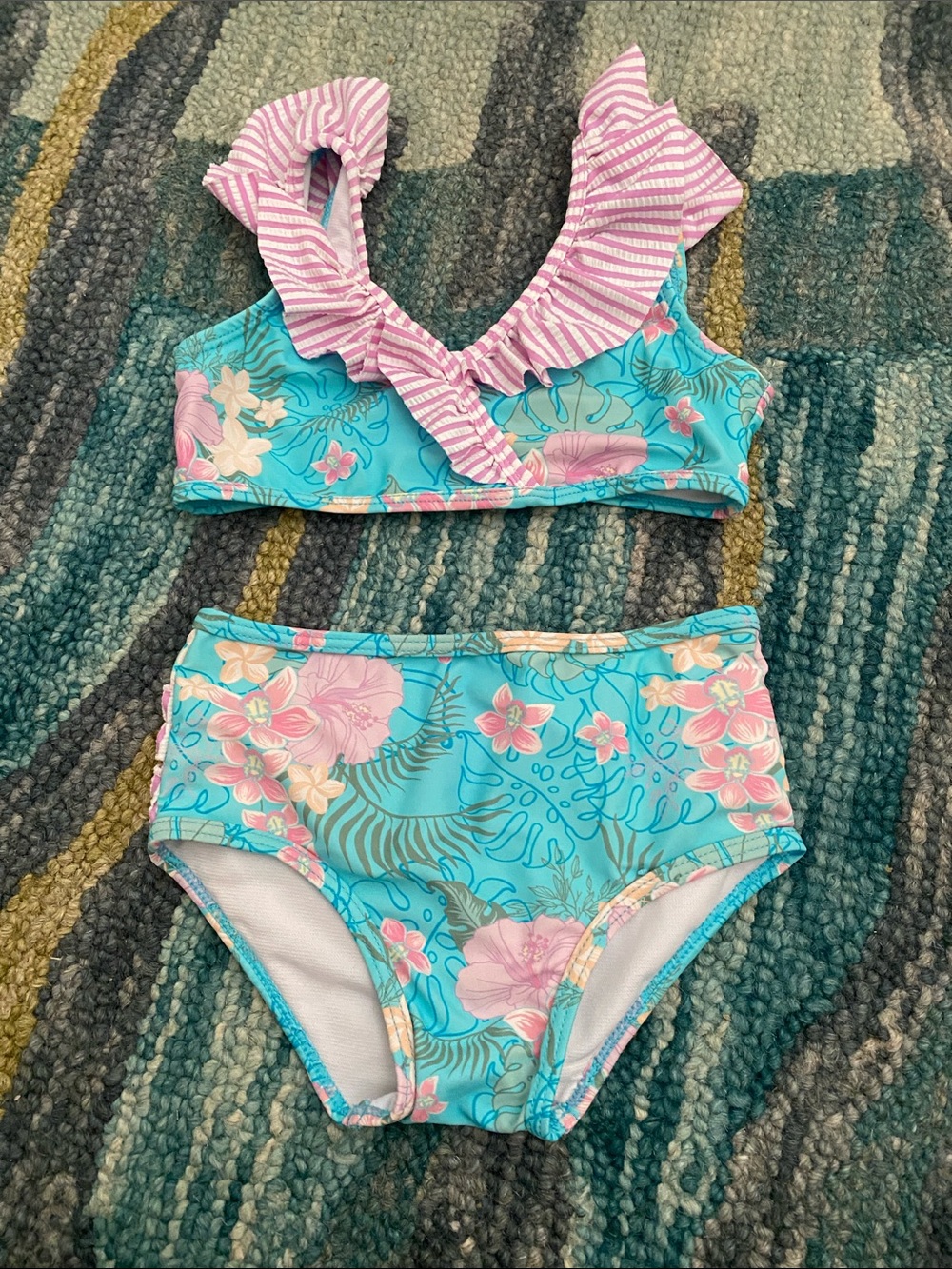 Ruffle Butts Aqua Floral Ruffle-Shoulder Bikini 3T